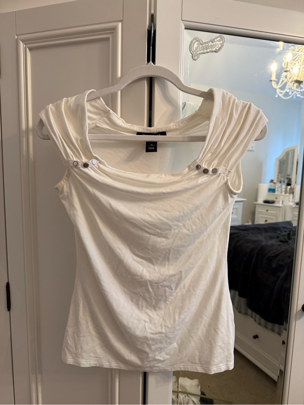 White House Black Market White Draped Shoulder Tank with Button Trim